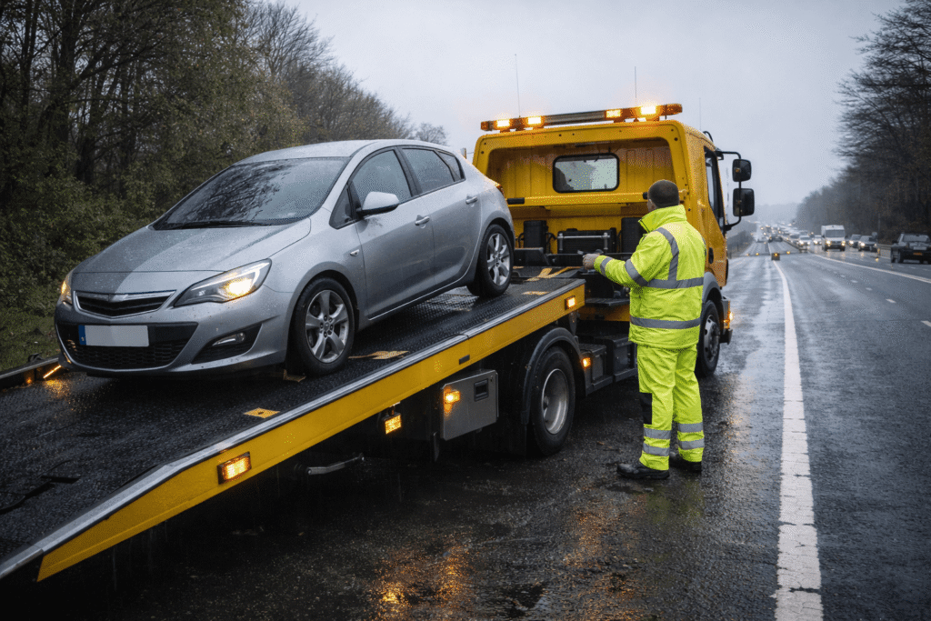 Swift Tyre Towing recovery truck loading a broken down car in a lay-by near Bolton.