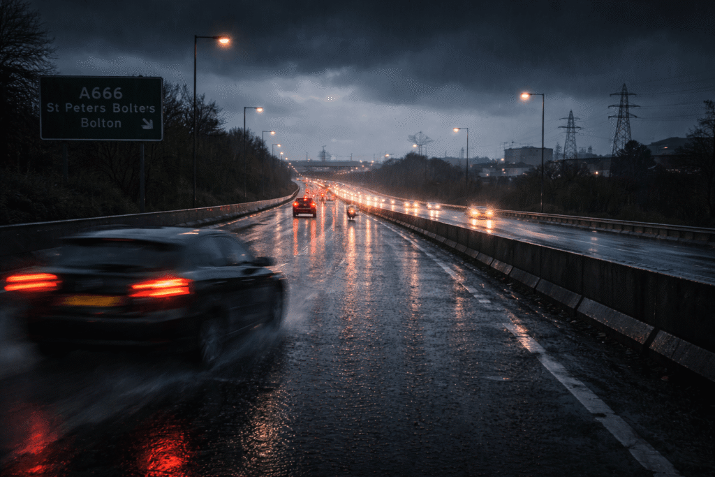 View of A666 St Peters Way in Bolton, a high-risk route for breakdown recovery.