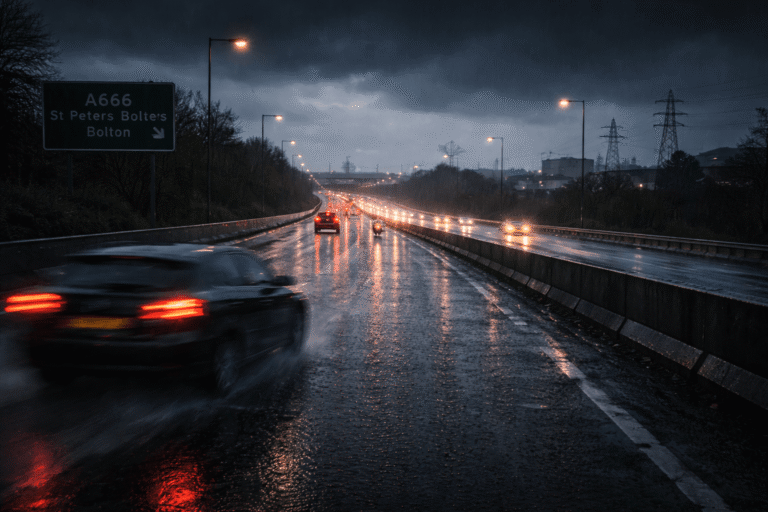 View of A666 St Peters Way in Bolton, a high-risk route for breakdown recovery.
