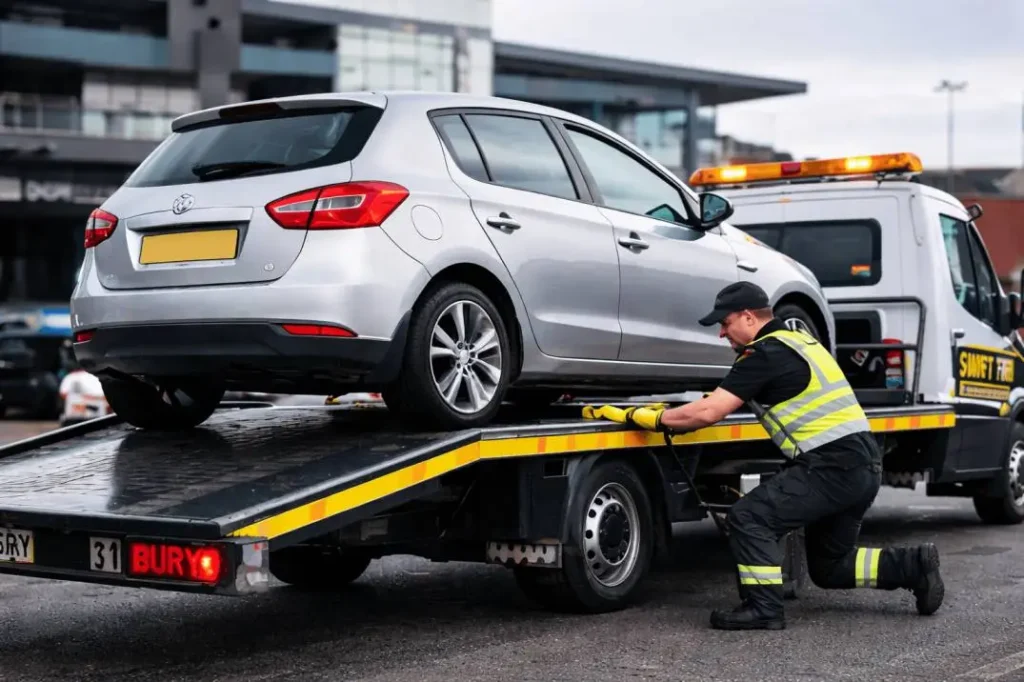 A recovery specialist securing a vehicle onto a flatbed tow truck for safe emergency transport in Bury and the Greater Manchester region.