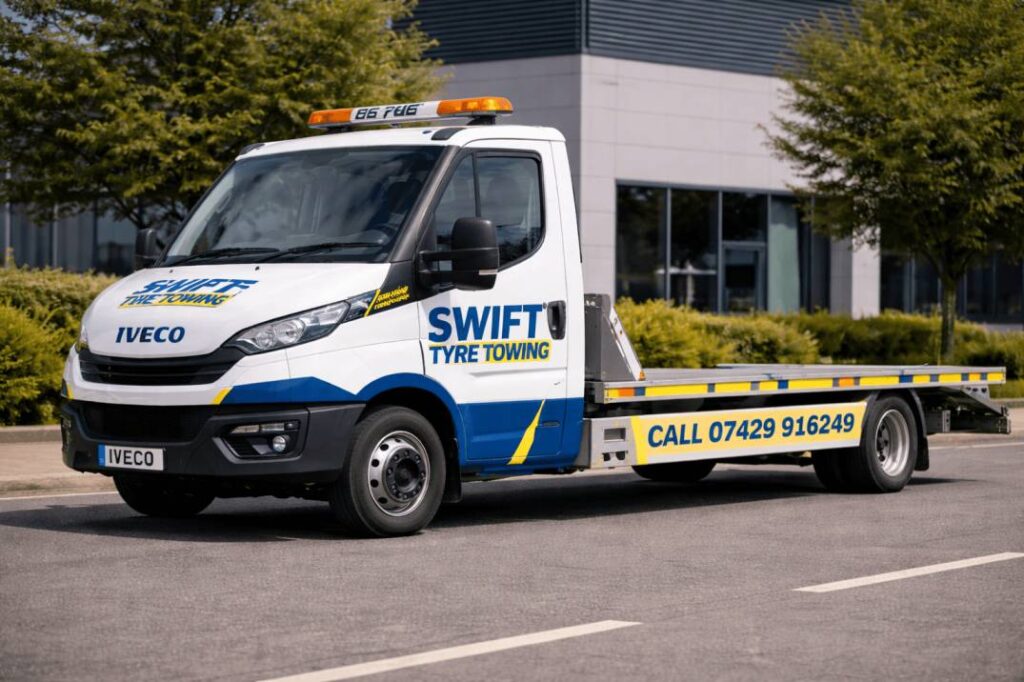 Swift Tyre Towing professional truck and branding serving the vehicle and machinery transport needs of Greater Manchester.