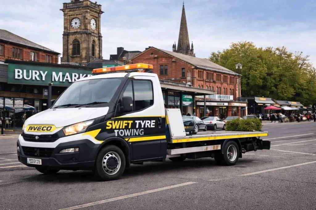 A professional tow truck from Swift Tyre Towing parked in front of Bury Market providing 24 hour emergency recovery in the Manchester area.